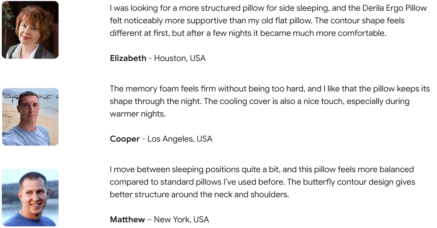 Derila Ergo Pillow customer feedback summary graphic